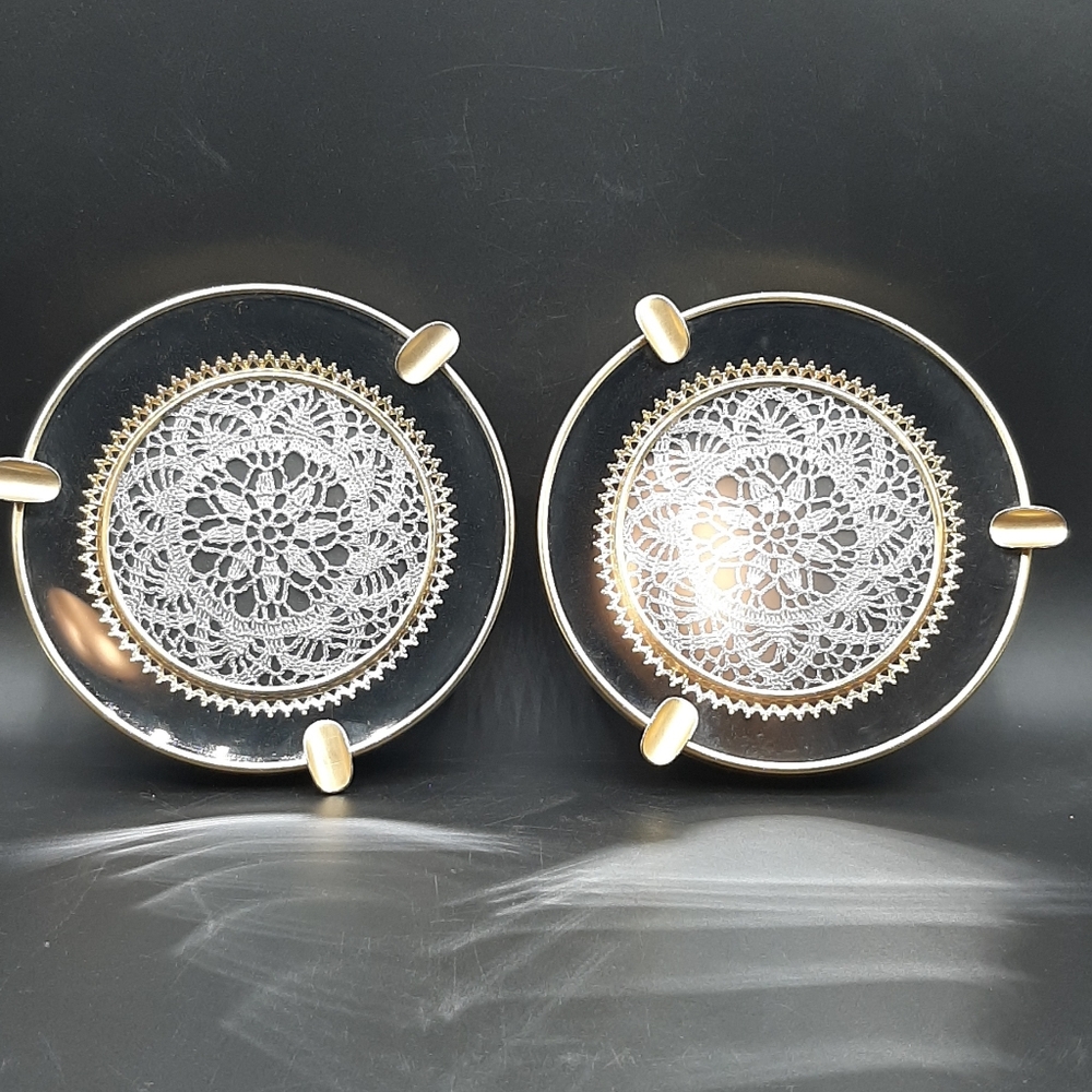 Vintage Ashtray Round Silver Crocheted Doily Glass Top Black & Gold Tone